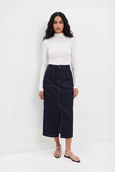 Bluewhite Пола от еластичен тъмносин деним с предна цепка и накладни джобове