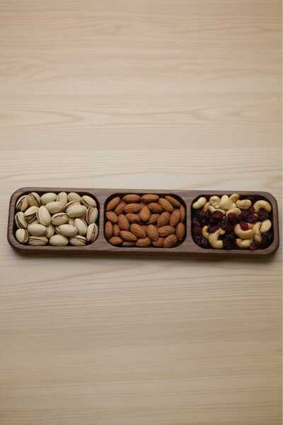 Ahşap Teslim Doğal Ceviz 3 Bölmeli Lüks Çerezlik ve Sunumluk