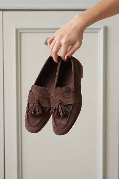 MODAADAM Balerini cu ciucuri cu talpă plată Boos pentru femei - Maro-Suede