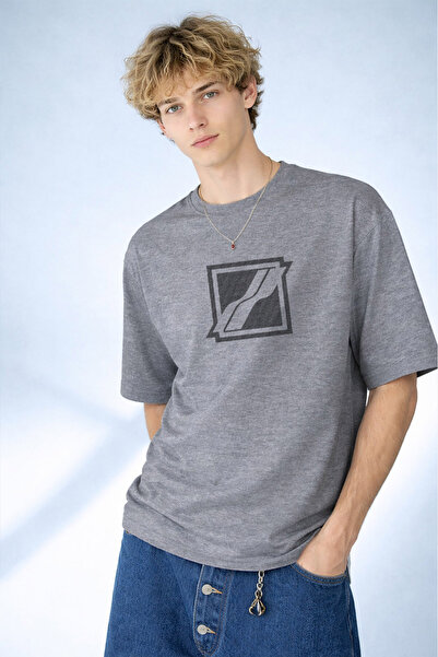 caddekombin Tricou gri pentru bărbați, cu design abstract Fluid Line, cu gâtu...