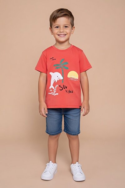 Cansın Mini تي شيرت للأولاد الصغار مطبوع عليه سمكة من الطوب برقبة دائرية 20946