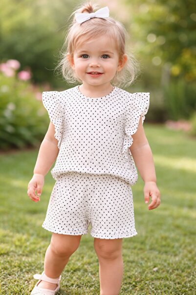 Cansın Mini Beyaz Puantiyeli Kız Bebek Şortlu Bluzlu Takım 18556