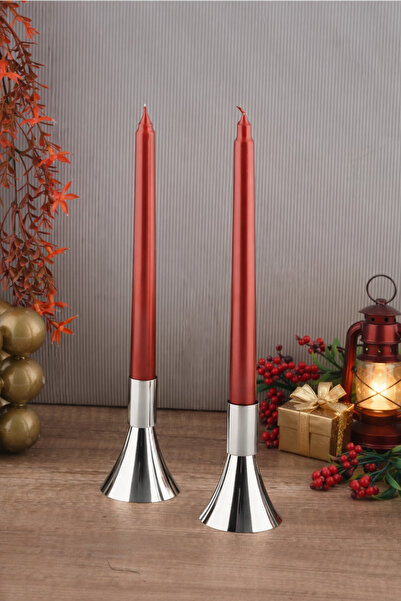 gülis PURE 2'li Şamdan Seti Küçük Gümüş Simli Renk Dekoratif Metal Simli Pasl...