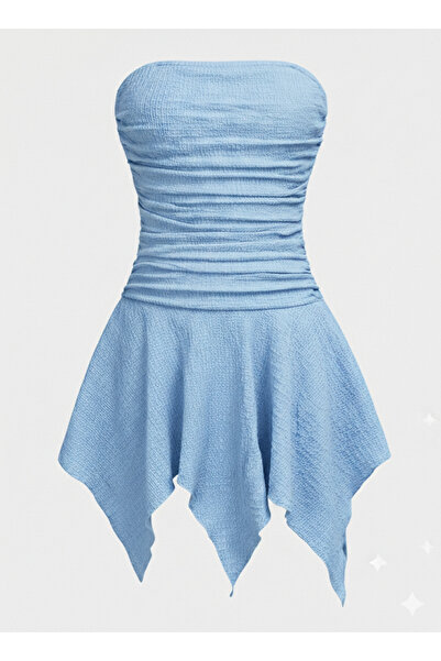 meren like your style bebe mavisi elbise yanlar büzgülü asimetrik etek ucu