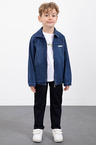 Cansın Mini Koyu Mavi Fermuarlı Jean Ceketli Pantolonlu 3lü Erkek Çocuk Takım...