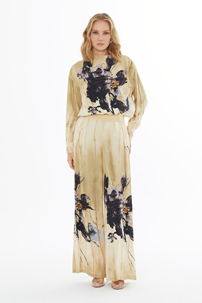 GİZİA Desenli Yandan Fermuarlı Bel Triko Detaylı Pantolon