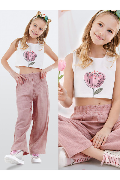 Denokids Floral Girl's Pink Muslin Pants Set