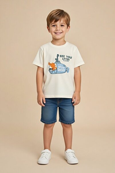 Cansın Mini Cream Submarine Printed Baby Boy Short Sleeve T-Shirt 20939