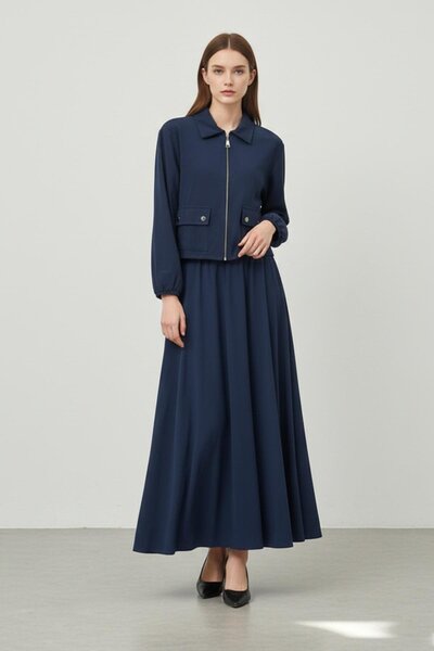 Puane Fermuarlı Ceket ve Lastik Bel Etek Takımı – 14436 - NAVY