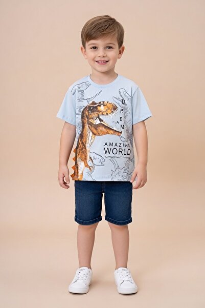 Cansın Mini Blue Dinosaur Printed Crew Neck Baby Boy T-Shirt 20950