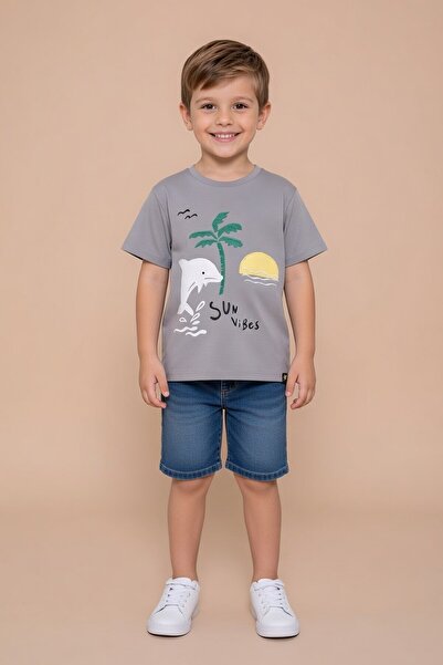 Cansın Mini Smoked Fish Printed Embroidered Baby Boy Crew Neck T-Shirt 20947
