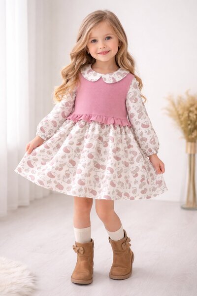Cansın Mini Pembe Kirpi Desenli Süveterli Kız Çocuk Elbise 20222