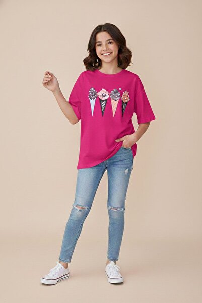 Cansın Mini Tricou supradimensionat cu mânecă scurtă pentru fete cu imprimeu ...