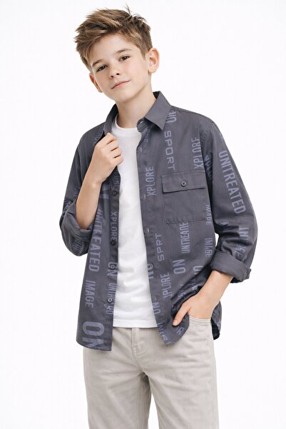 Cansın Mini Füme Yazı Baskılı Gömlek Beyaz Tişörtlü Erkek Çocuk 2'li Takım 20137