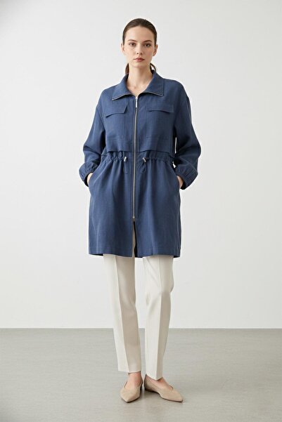 Puane Fermuarlı Dik Yaka Beli Büzgülü Kadın Ceket-15260 - NAVY