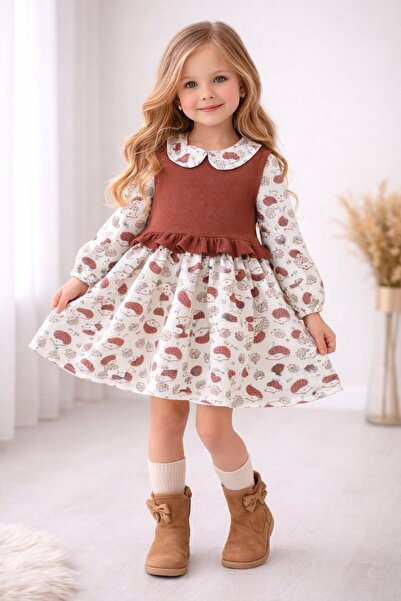 Cansın Mini Tile Hedgehog Patterned Sweater Girl's Dress 20224