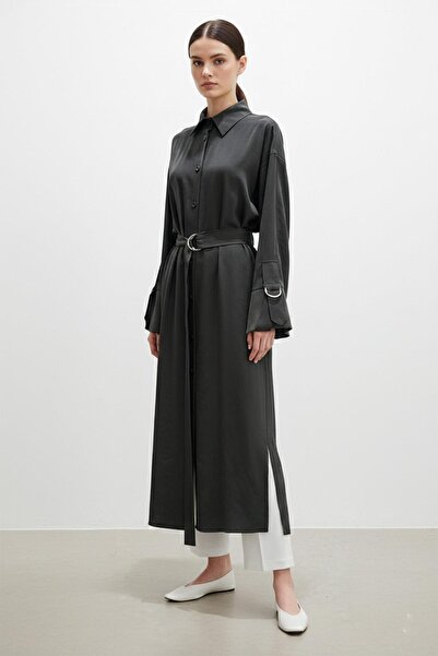 Puane قميص نسائي طويل بأزرار وحزام -10753 - أسود