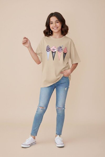 Cansın Mini Καφέ παγωτό με στάμπα πέτρα για κορίτσια κοντομάνικο μπλουζάκι 20795