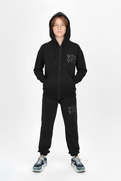 Cansın Mini Siyah Yazı Baskılı Kapüşonlu Hırkalı Erkek Çocuk Eşofman Takımı 1...
