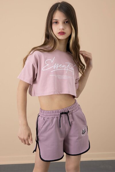 Cansın Mini Dusty Rose Girl's Shorts with Side Slits and Floral Print and Ela...