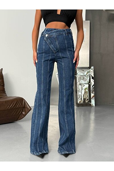 HerTon Koyu Mavi Dikiş Detaylı Asimetrik Bel Flare Jean