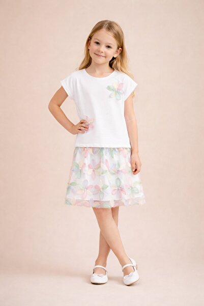 Cansın Mini Pembe Çiçek İşlemeli Tüllü Etekli Kısa Kol Bluzlu Kız Çocuk 2li T...