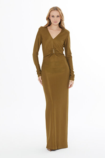 GİZİA V Yaka Yırtmaçlı Büzgü Ve Boncuk Detaylı Elbise