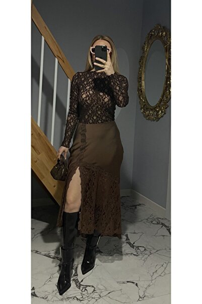 rose tml giyim KADIN KAHVERENGİ DANTELLİ SATEN ETEK