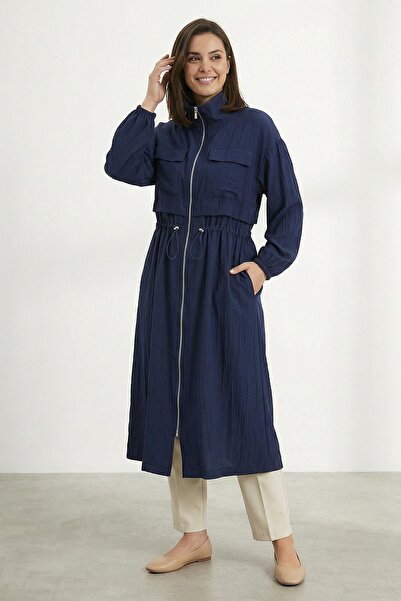 Puane Women's Seasonal Cap with Pockets and Adjustable Waist Detail - Navy