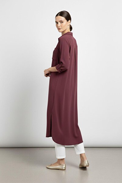 Puane Women's Long Buttoned Oversize Shirt with Pockets -10764 - Burgundy