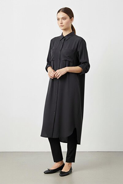Puane Women's Long Oversize Shirt with Buttons and Pockets -10764 - Black