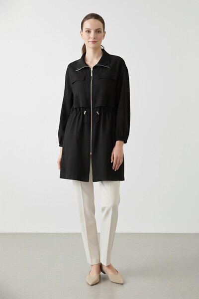 Puane Zippered Mock Neck Women's Jacket with Gathered Waist-15260 - Black