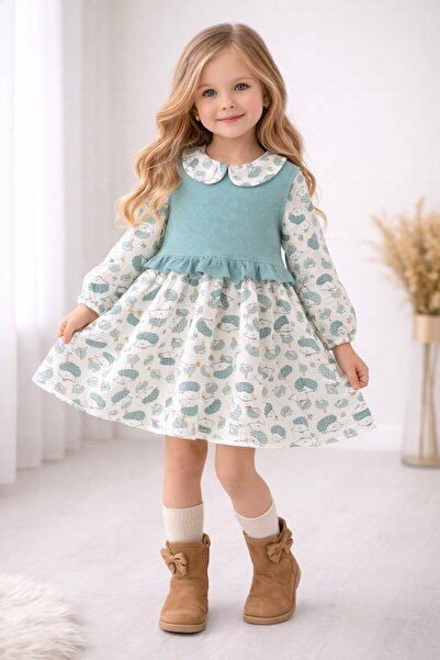 Cansın Mini Yeşil Kirpi Desenli Süveterli Kız Çocuk Elbise 20223