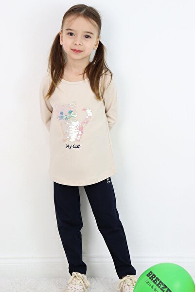 Breeze Girl's Tights Suit Sequined Kitten Printed Embroidered 1.5-5 Years, Beige