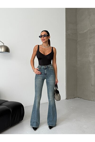 HerTon Pantaloni de damă din denim cu talie înaltă și picior larg