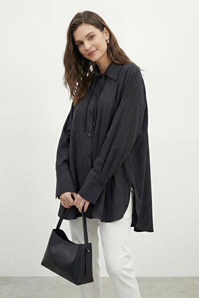 Puane Women's Shirt with Collar, Front Buttons and Lace Detail -10772Gml - Black