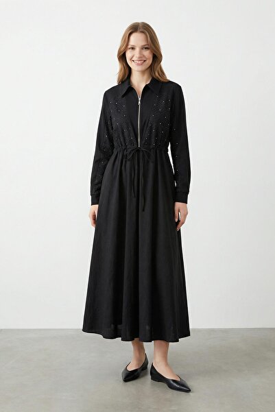 Puane Women's Long Dress with Zipper and Stone Embellishments - 12674Elb - Black