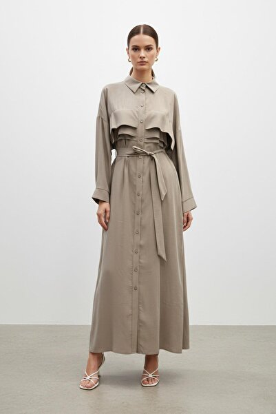 Puane Kuşaklı Düğmeli Uzun Kadın Elbise-12668 - MINK