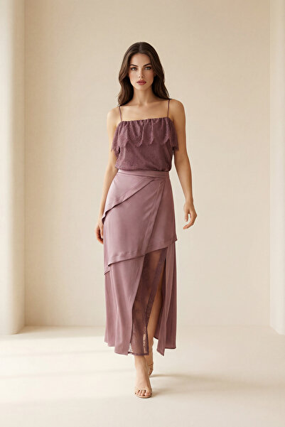 Setre Dusty Rose Asymmetrical Cut Lace Detailed Skirt