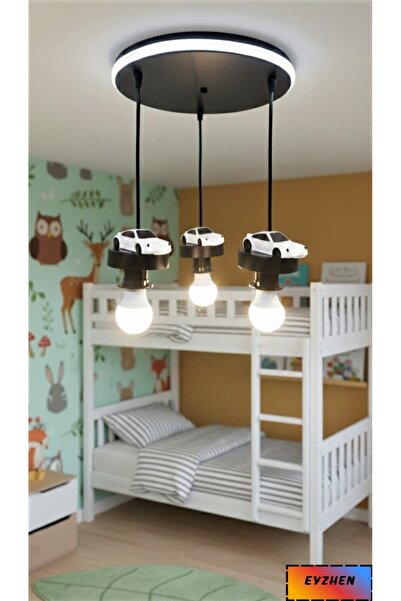 Eyzhen Bebek/Çocuk Odası El Yapımı Taş Beyaz Araba Figürlü Neon Ledli 3'lü Sa...