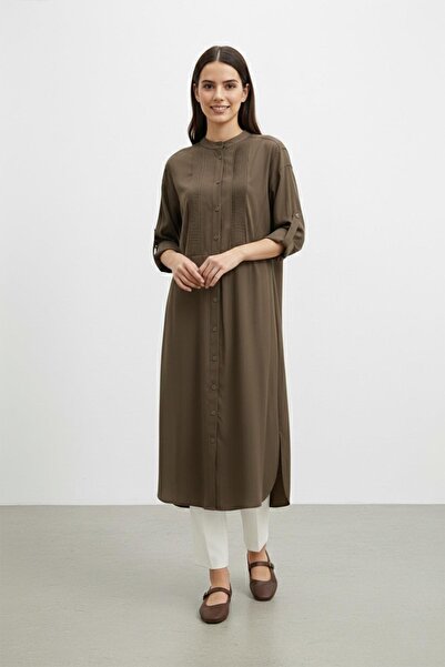 Puane Women's Long Sleeve High Collar Buttoned Pleated Detailed Long Tunic – ...