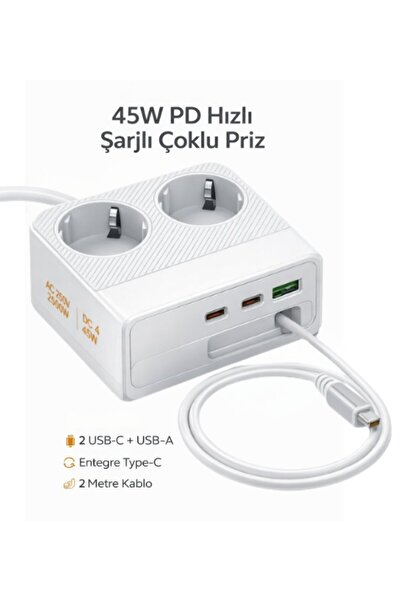 SMAYLİNG 45W PD Hızlı Şarjlı 2’li Akım Korumalı Priz | 2x Type-C + USB-A | 25...
