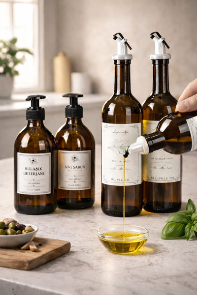 Amentes 4'lü 2'li Amber 750ml Yağdanlık 2'li Amber Sabunluk Mutfak Yağlık Sab...