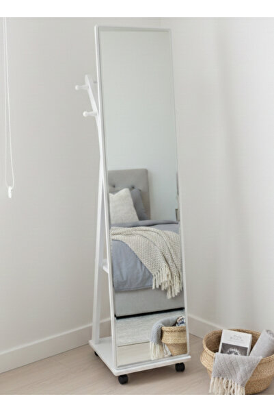 ALQANNAS White Wooden Full-Length Mirror with 360° Swivel Casters, 2-Tier Sto...