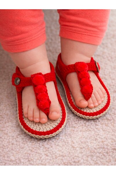 seraskids Örgü Kırmızı Yazlık Kız Bebek Parmak Arası Sandalet Patik