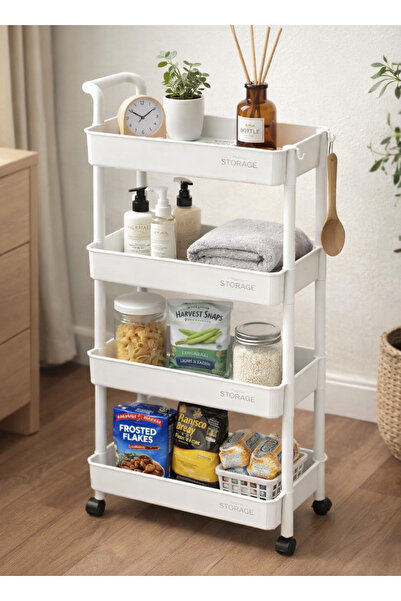 ALQANNAS عربة تخزين خضراوات بلاستيكية بأربعة أرفف مزودة بعجلات 360 درجة