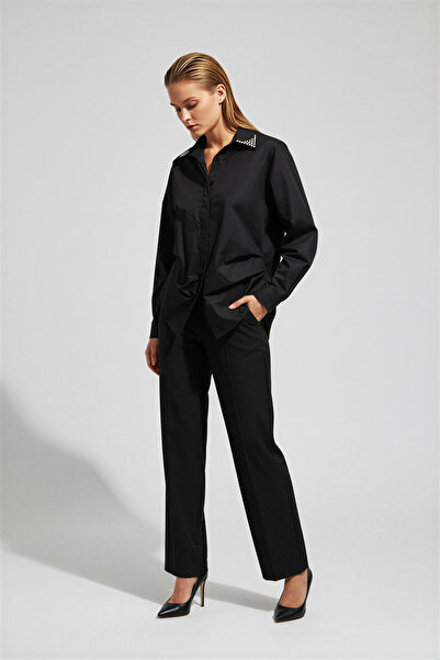 Setre Black 100% Cotton Shirt with Stone and Pleat Detail on the Collar