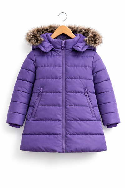 REGOS Kız Çocuk Mor Şişme Mont Kapüşonlu Kürklü Kışlık Uzun Model