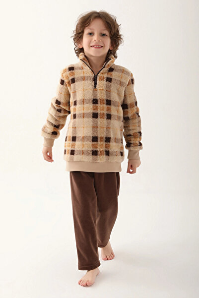 Arnetta Zipper Details Dark Brown Boy Long Sleeve Pajama Set