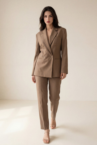 Setre Camel Double-Breasted Jacket with Button Detail and Trousers Set